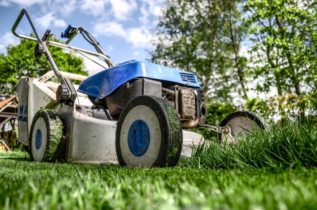 En blå gräsklippare som klipper grönt gräs